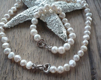 Wunderschöne echte Süßwasser Perlenkette mit Echt Silber Herz-Verschluss,Brautschmuck,Perlenkette HochzeitPerlenkette mit Herz,Perlenschmuck