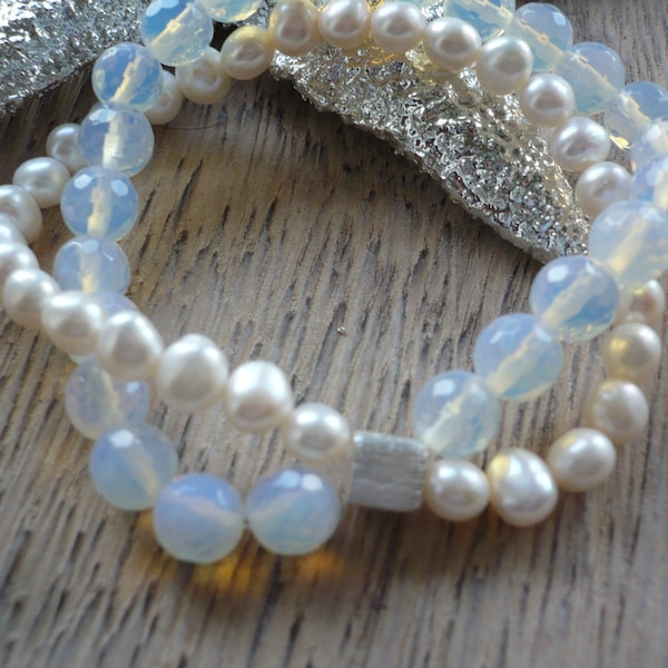 Modernes Süßwasser Perlen & Opal Armband,,Handgefertigtes Perlenarmband,Brautschmuck,Extravagantes Armband,Geschenk ,2-reihiges Armband