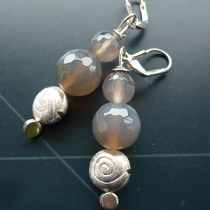 Handmade real silver earrings with grey agate stones, exclusive earrings, gift for girlfriend, real silver earrings with snail