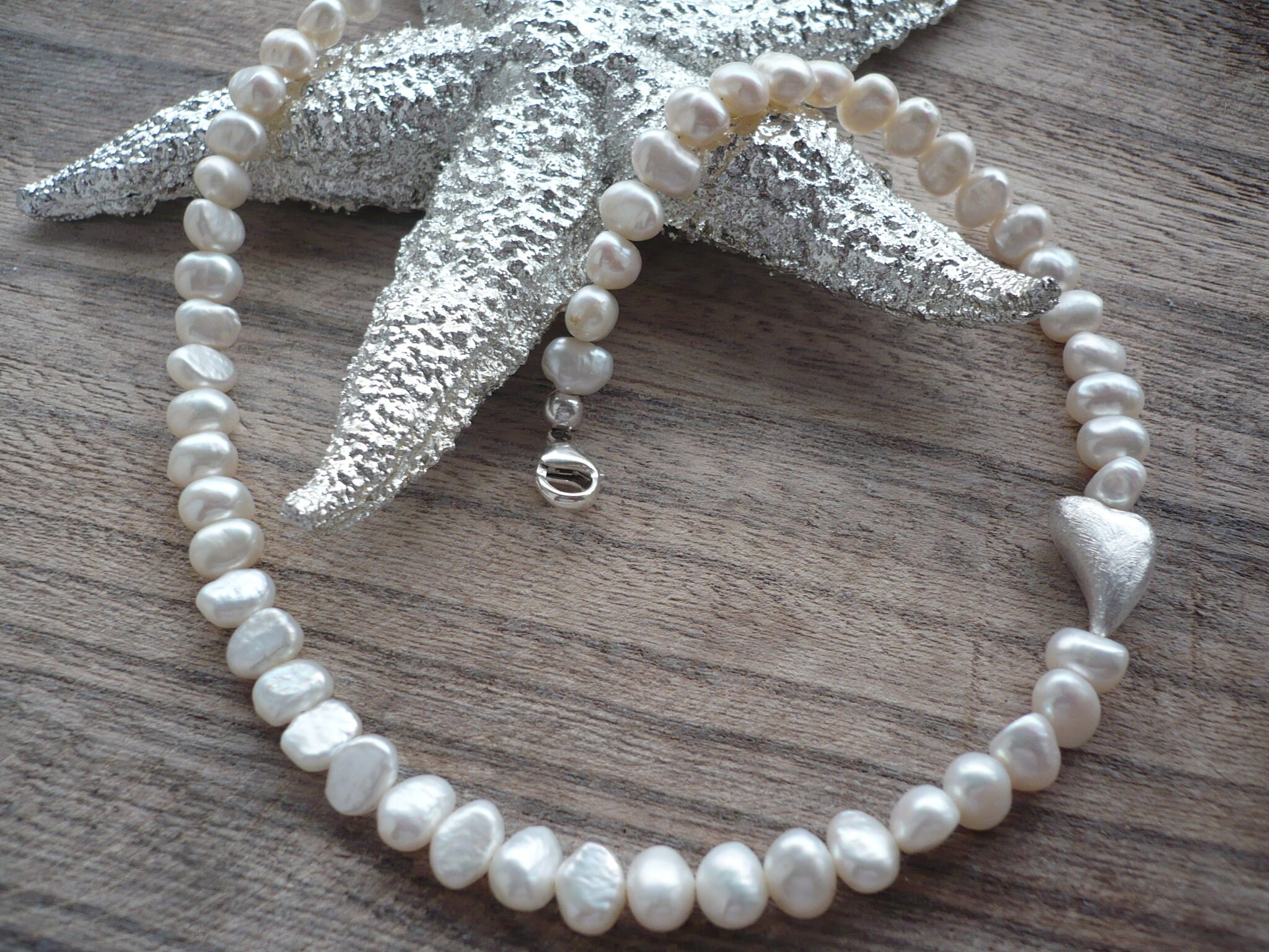 Handmade freshwater pearl necklace with real silver plated heart, gift for special occasion, custom made, pearl necklace