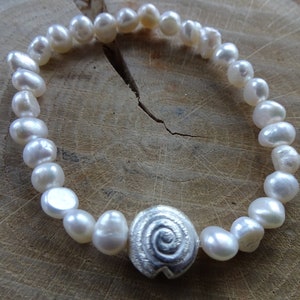 Real pearl bracelet with silver snail, modern pearl bracelet, maritime pearl bracelets, bridal jewelry, gift for her, pearl bracelets,