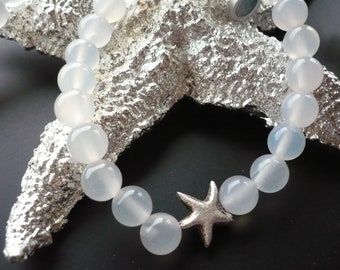 Real Silver, White Agate Starfish Bracelet, White Gemstone Bracelet, Handmade Bracelet, Gemstone Bracelet, White Pearl Band,