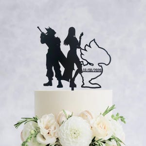 Final Fantasy VII inspired Cloud strife and Tifa Lockhart Chocobo date Topper - FF7- Wooden Wedding Cake Topper, Personalized Cake Topper