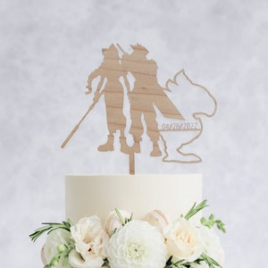 Final Fantasy VII inspire Cloud strife and Aerith Gainsborough Chocobo date Topper - FF7- Wooden Wedding Cake Topper - Gold Silver Rose Gold