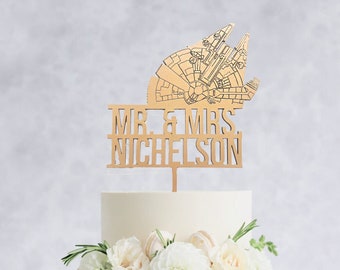 Décoration de gâteau de mariage personnalisée M. & MME, gâteau faucon du millénaire, décoration de gâteau de mariage en bois, décoration de gâteau de mariage Star Wars