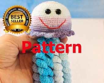 2 in 1 crochet pattern jellyfish jellyfish rattle Sea Creatures toy pattern amgurumi pdf Nursery decor pattern Easy Instructions jellyfish