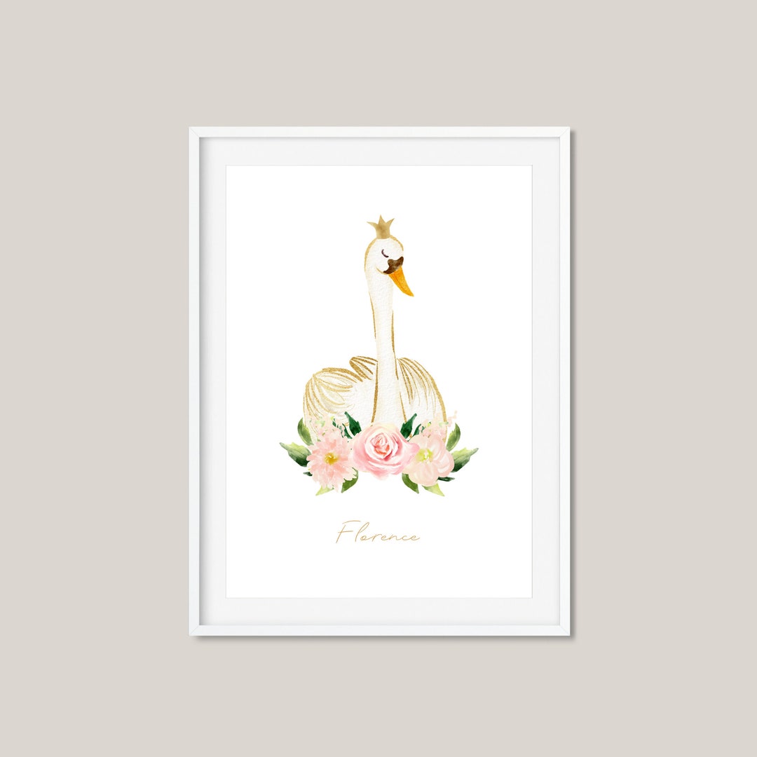 Personalized Swan Print: Watercolor Floral Nursery Wall Art - Etsy