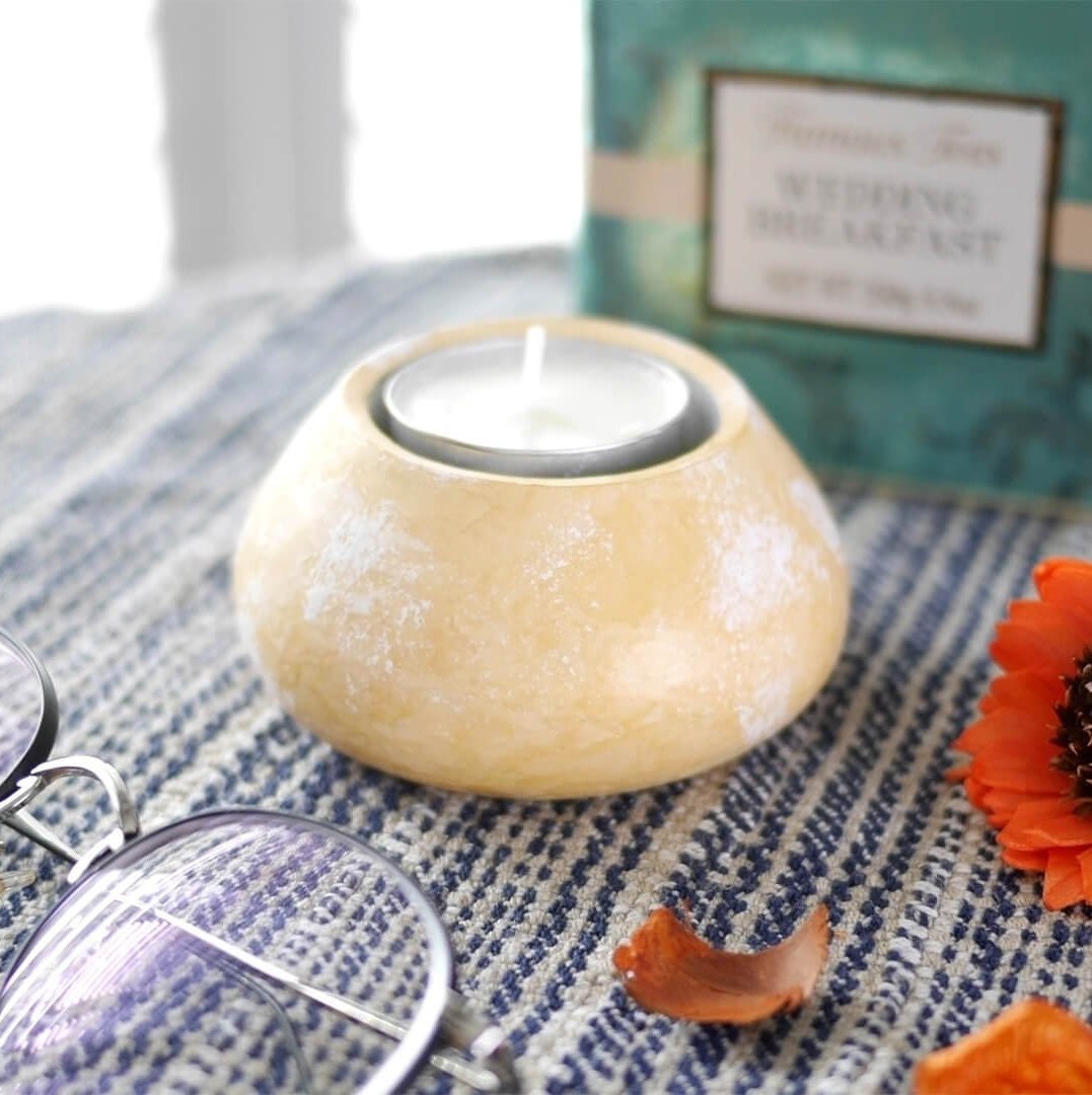 Porte-Bougies Stuc-Terre, Couleur Pierre Précieuse, Effet de Marbre, Matériau Naturel Fait