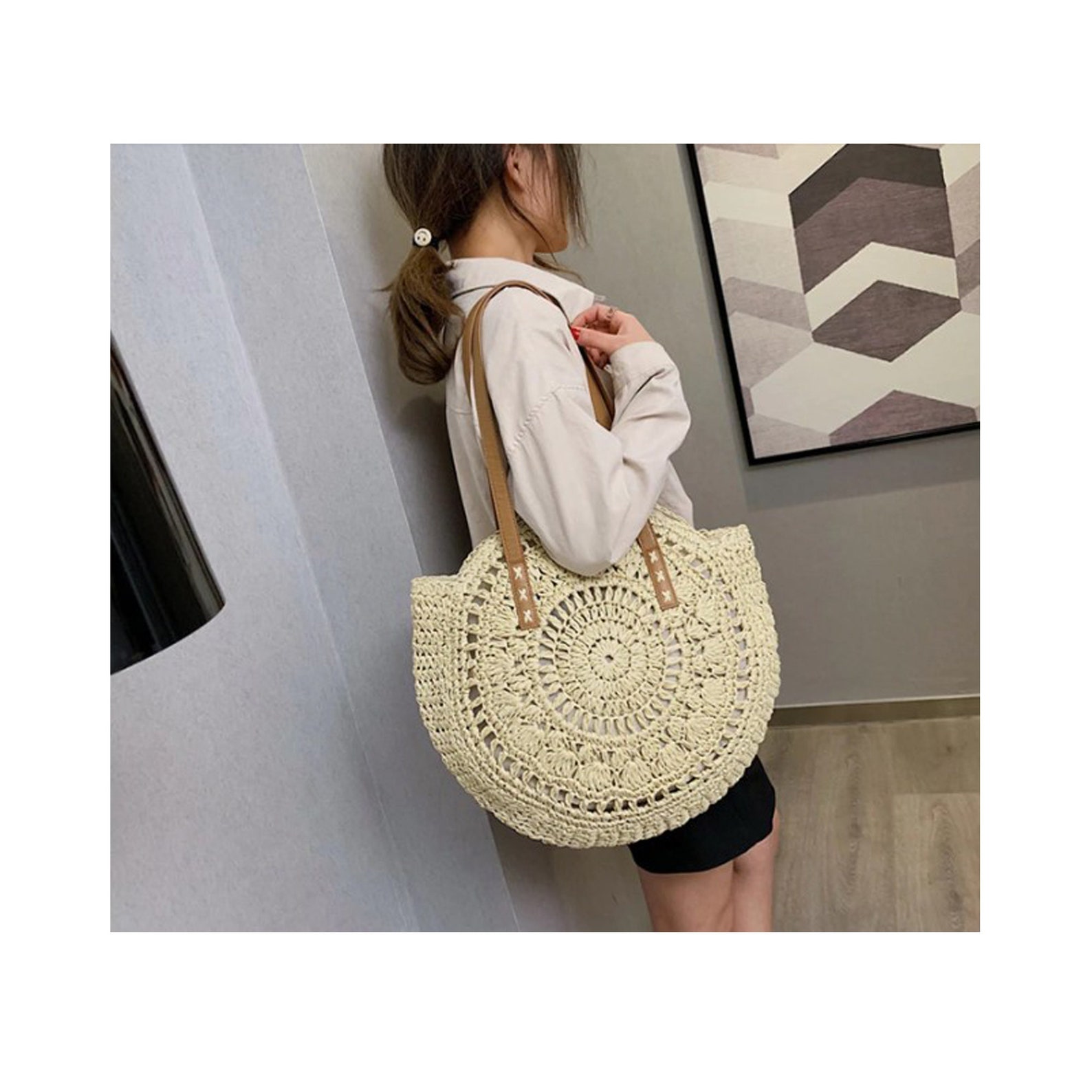 Straw Bag Black Straw Bag With Zipper Straw Beach Bag Straw Etsy