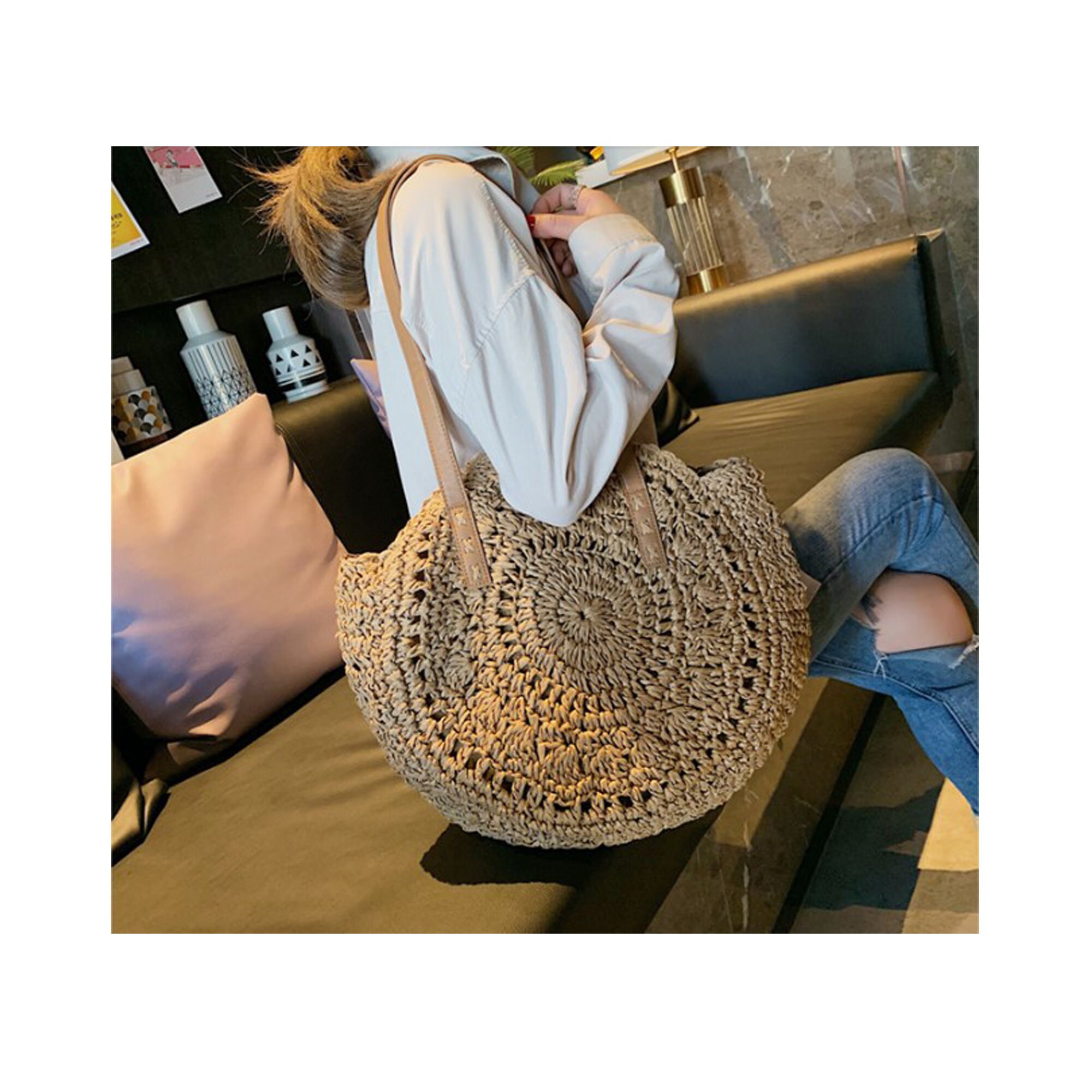 Straw Bag Round Straw Bag Vintage Straw Beach Bag Straw Bag Etsy