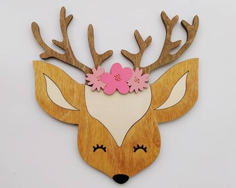 Cerf avec lampe à fleurs LED veilleuse faite à la main, décor de pépinière, Kinderzimmerlampe, minimaliste, Nachtlicht, Wandlampe, Wandleuchte