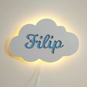 Könnte beinhalten: Ein weißes, wolkenförmiges Nachtlicht aus Holz mit einem blauen Ausschnitt des Namens "Filip".