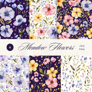 Fleurs sauvages Png Aquarelle Papier numérique vintage Papier peint Printemps Modèle sans couture Png Motifs de fleurs sauvages Papier peint botanique Fleurs sauvages Png