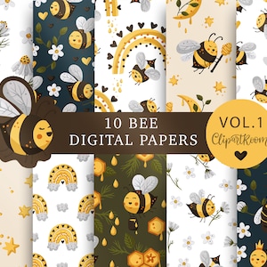 Bumble Bee Digital Paper: Spring Nursery Art, Rainbow Seamless Files (PNG, JPG, EPS)