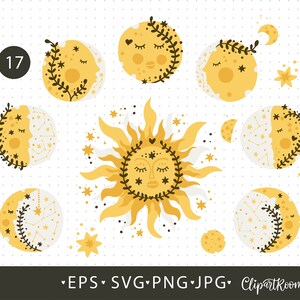 Moon phase svg, Crescent moon svg files for cricut, star svg, sun svg, Celestial clipart for Commercial use