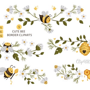 May include: Five cute bee border clipart illustrations featuring bees, honeycombs, and white flowers with green leaves. The text "Cute Bee Border Cliparts" is included in the image.
