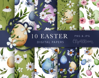 Watercolor Easter Digital Paper: Floral Egg Patterns (PNG, JPG)