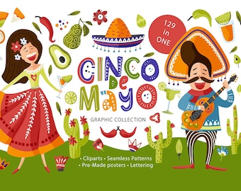 Cinco de Mayo Clipart Bundle: Mexican Fiesta Graphics (Digital Paper)