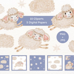 Lamb Baby Shower Clipart: Watercolor Sheep Prints, Farm Animals (Digital Paper)