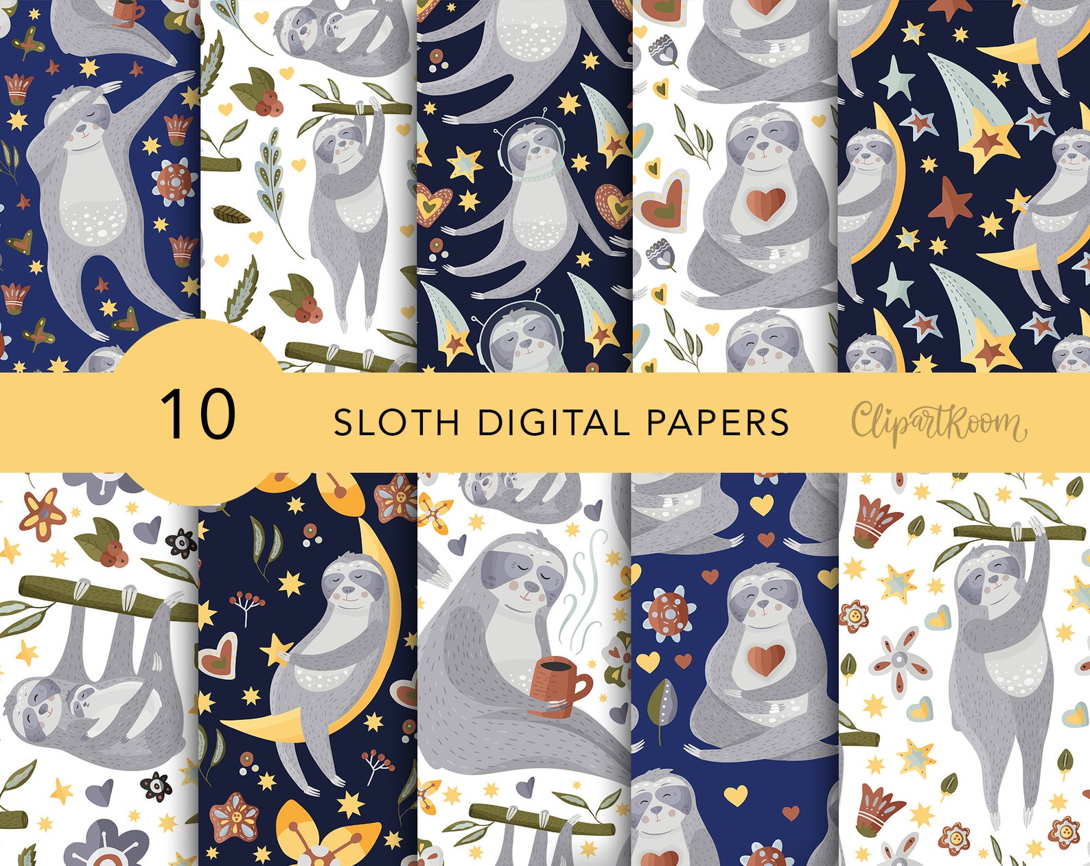Sloth Digital Paper Sloth Digital Paper Pack, Sloth Baby Shower Digital Paper, Jungle ...