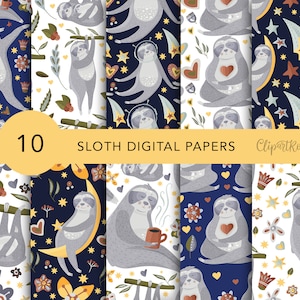 Sloth digital paper pack, sloth baby shower digital paper, jungle digital paper, seamless pattern wild animal for Commercial use