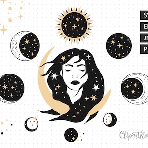 Wonder woman svg Création de logo féminin et logo de la lune Croissant de lune svg Svg céleste Lune et étoile pépinière art Mystic designs Femme visage svg