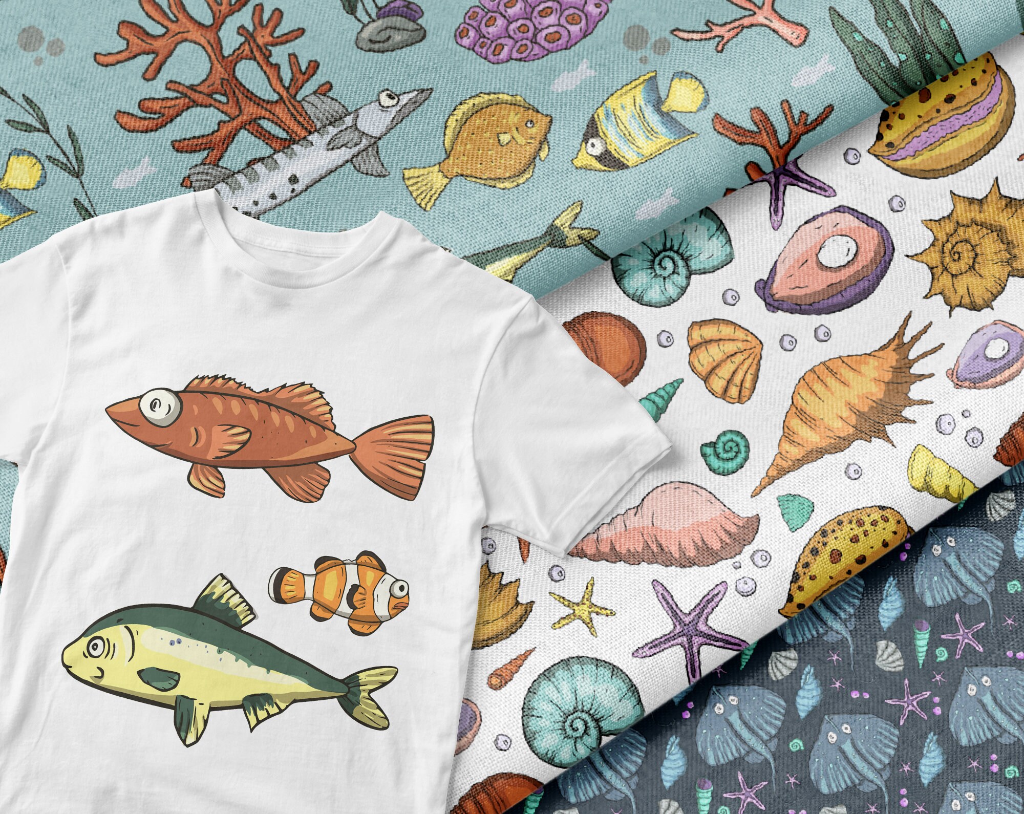 Dark Ocean Art Beach Digital Paper Fish Print Seamless Pattern Sea