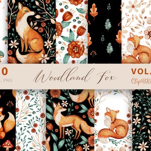 Watercolor Fox Digital Paper: Fall Forest Seamless Pattern (PNG, JPG)