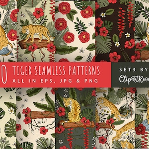 Peut inclure: Dix motifs sans couture représentant des tigres et un feuillage tropical. Les motifs sont de style vintage avec des fleurs rouges, des feuilles vertes et des tigres bruns. Les motifs sont disponibles aux formats EPS, JPG et PNG. Ensemble 3 par ClipArtRoom.