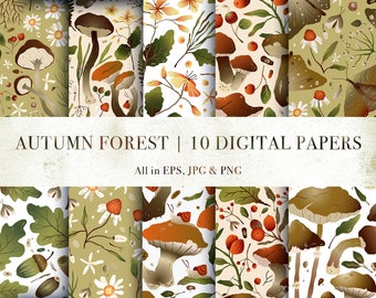 Fall Daisy Digital Paper Mushroom Seamless Pattern Floral Graphic Boho Papers (EPS, JPG, PNG)