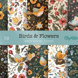 Carta digitale primaverile Bird Dreams, carta digitale mimetica floreale, kit di album digitali, file grafici floreali senza soluzione di continuità, carta digitale boho