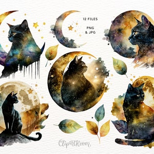 Negro gato clipart png mascota acuarela celestial png dibujos animados clipart luna png boho clipart acuarela gato celestial clipart