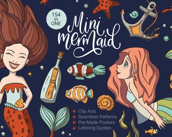 Mermaid Clipart Set: Summer Graphics & Digital Paper (Commercial Use, Instant Download)