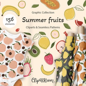 Adesivos de frutas clipart de verão e padrão sem emenda Fruta de dragão limão pêssego banana maçã papel digital Kawaii clipart papel de parede tropical.