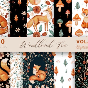 Watercolor Fox Digital Paper: Woodland Animals Seamless Pattern (PNG, JPG)