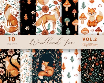 Watercolor Fox Digital Paper: Woodland Animals Seamless Pattern (PNG, JPG)