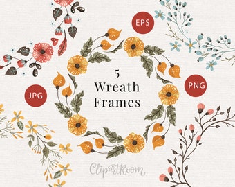 Floral Wreath Clipart: Botanical Flower Frame (PNG, JPG, EPS)