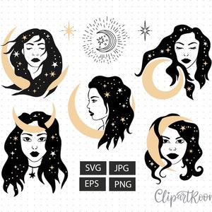 Feminines Logo-Design Wonder Woman svg Celestial svg boho Clipart, Basic Hexe svg Neumond Magie, Magie svg mystische Designs, Frauengesicht svg