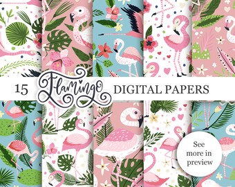 Flamingo Digital Paper: Tropical Seamless Patterns (Digital Download)