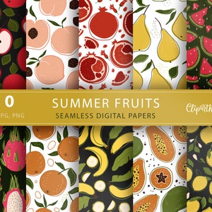 Tecido de frutas padrão sem costura png limão impressão dragão fruta pêssego clipart maçã clipart banana verão kawaii papel digital papel de parede tropical