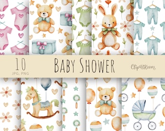 Watercolor Baby Shower Digital Paper: Seamless Newborn Pattern (PNG, JPG)