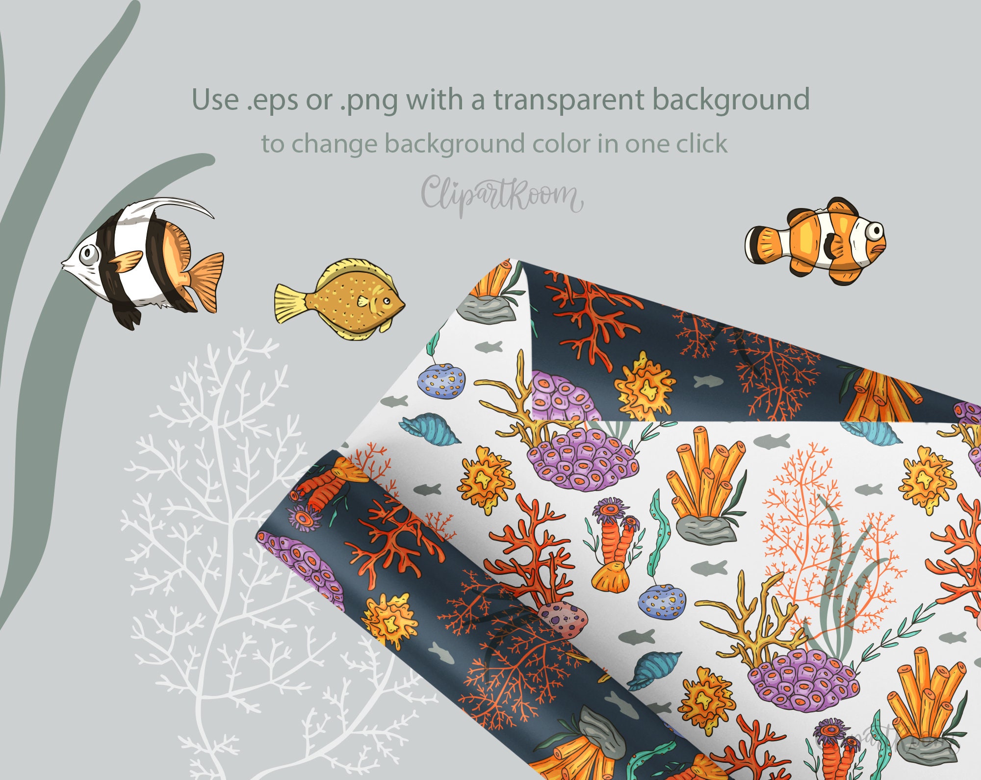 Dark Ocean Art Beach Digital Paper Fish Print Seamless Pattern Sea