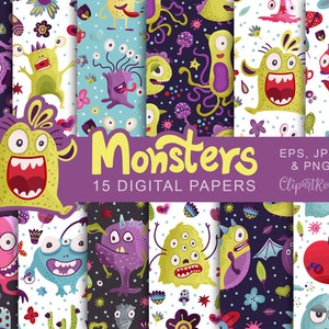 Monster Party Baby shower digital paper nursery art Cute monster digital scrapbook kit Cartoon vector art seamless digital patterns