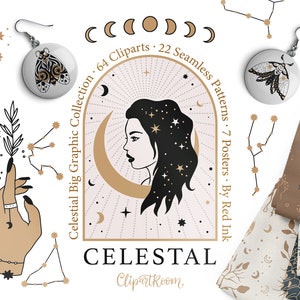 Może przedstawiać: Zestaw cyfrowych ilustracji o tematyce kosmicznej przedstawiający kobietę z gwiazdami we włosach, rosnący księżyc i ćmę. Ilustracje są w minimalistycznym stylu z złotymi i czarnymi akcentami. Tekst "Celestial Big Graphic Collection 64 Cliparts 22 Seamless Patterns 7 Posters By Red Ink CELESTAL ClipartRoom" jest zawarty w obrazie.
