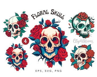 Skull Svg Skeleton Png Gothic Stickers Sugar Skull Art Floral Skull SVG Bundle: Gothic Rose Skeleton Clipart (Digital Download)
