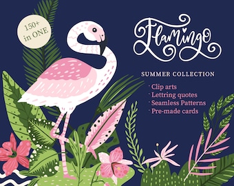 Flamingo PNG summer clipart and Digital Paper Tropical Clipart Bundle Flamingo Wallpaper
