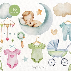Baby Shower Watercolor Clipart: Newborn PNG Set (Digital Download)