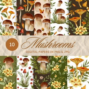 Watercolor Mushroom Digital Paper: Autumn Seamless Pattern (PNG, JPG)