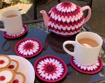Tea Cosy Crochet Pattern Bundle - Crochet Tea Set with 3 different patterns, Tea Cosy, Crochet Coaster & Mason Jar Cosy