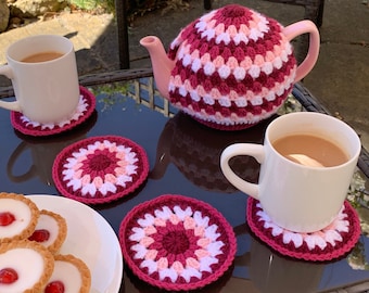 Tea Cosy Crochet Pattern Bundle - Crochet Tea Set with 3 different patterns, Tea Cosy, Crochet Coaster & Mason Jar Cosy